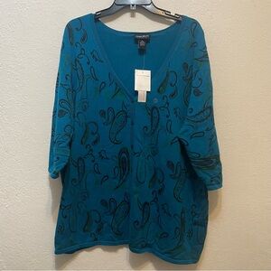 Maggie Barnes Essentials Paisley Button-Up 3/4 Sleeve Cardigan 2X 22/24 NEW Blue